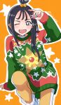  1girl ;d alternate_costume black_hair character_print commentary_request cube_hair_ornament eyelashes grey_eyes hair_ornament happy highres lida_(pokemon) long_hair long_sleeves looking_at_viewer one_eye_closed open_mouth orange_background outline pokemon pokemon_legends:_z-a print_sweater ribbed_socks smile socks solo star_(symbol) staryu sweater topknot twitter_username white_socks xxxxay yellow_leggings 