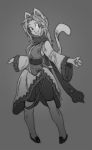  anthro clothed clothing feline female footwear greyscale hair japanese_clothing mammal monochrome pwcsponson shoes simple_background smile solo standing 