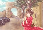  :d arc_de_triomphe bag brown_eyes brown_hair car city cowboy_shot dappled_sunlight day dress food ground_vehicle handbag hat highres hoshiibara_mato lamppost long_sleeves looking_at_viewer motor_vehicle open_mouth original outdoors paris polka_dot polka_dot_dress red_dress road sandwich short_hair sidewalk smile solo standing straw_hat sunlight tree wind 