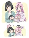  2girls :3 :d anyoji_hime blue_eyes blunt_bangs blunt_sidelocks blush_stickers bob_cut cardigan character_doll cheek_pull closed_eyes closed_mouth collarbone commentary doll green_eyes hair_intakes headphones headphones_around_neck highres holding holding_doll link!_like!_love_live! long_hair long_sleeves love_live! momose_ginko moso_(expect66) multiple_girls nesoberi official_alternate_costume open_cardigan open_clothes open_mouth pink_hair purple_shirt shirt short_hair sidelocks sleepwear smile split_mouth symbol-only_commentary teeth upper_teeth_only virtual_youtuber 