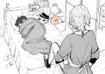  2boys absurdres anger_vein apron back_bow blush_stickers book bow bungou_stray_dogs calendar_(object) character_doll character_request closed_eyes doll foot_up from_behind full_body greyscale hair_between_eyes hair_tie highres lamp layered_sleeves long_sleeves loose_hair_strand male_focus messy_hair monochrome multiple_boys on_bed pants picture_frame pillow ponytail shirt shoes short_hair short_ponytail single_blush_sticker sleeping slippers spoken_anger_vein spoken_zzz spot_color squeans toplusd under_covers unworn_slippers wooden_floor zzz 