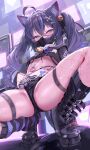  1girl absurdres ahoge animal_ear_fluff animal_ears arm_support bell belt belt_boots black_boots black_mask black_ribbon black_shorts blue_eyes blue_hair blush bone_hair_ornament boots breasts cat_ears cat_girl cat_tail commentary covered_mouth crossed_bangs fishnet_thighhighs fishnets glasses hair_bell hair_between_eyes hair_ornament hair_ribbon hairband hat heart highres jewelry jingle_bell looking_at_viewer loose_socks mask micro_shorts mouth_mask multicolored_hair navel neck_bell necklace nyahu_(nyahu_77) original partially_visible_vulva purple_hair purple_hairband ribbon semi-rimless_eyewear shorts shrug_(clothing) small_breasts socks solo spiked_boots spikes spread_legs squatting streaked_hair striped_clothes striped_socks studded_belt sweat tail thighhighs twintails under-rim_eyewear underboob yellow-framed_eyewear 