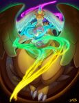  cinderkiss claws colored_skin dragonite feathered_wings glowing glowing_horns head_wings highres horns magic mega_dragonite mega_evolution orange_skin orb pokemon pokemon_(creature) signature single_horn solo tail white_wings wings 