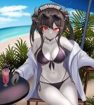 1girl abyssal_ship alcohol alternate_costume bare_shoulders beach beach_umbrella bikini bikini_under_clothes black_bikini black_gloves black_hair blue_sky blush breasts chair cleavage cloud collarbone colored_skin commentary_request cup day eyewear_on_head front-tie_bikini_top front-tie_top gloves glowing glowing_eyes hair_between_eyes hand_on_table hat highres horns jacket kantai_collection looking_at_viewer medium_breasts montemasa navel ocean off-shoulder_jacket off_shoulder open_clothes open_jacket outdoors pale_skin ra-class_destroyer ra-class_destroyer_alpha red_eyes sand side-tie_bikini_bottom sitting sky solo stomach string_bikini sunglasses swimsuit umbrella white_jacket white_skin 