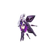  1girl :d ahoge amakubo_yuri armored_boots bare_shoulders black_gloves boots breasts covered_navel dark_persona elbow_gloves energy_gun floating floating_object floating_weapon full_body game_cg gloves gun hair_ornament headgear highleg highres holding holding_gun holding_weapon inoino kouyoku_senki_exs-tia large_variant_set leotard long_hair looking_at_viewer mecha_musume non-web_source official_art open_mouth purple_eyes purple_leotard rextia_lili shield small_breasts smile solo tachi-e thighhighs transparent_background twintails variant_set very_long_hair weapon white_hair 