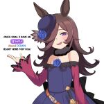  1girl :d animal_ears blue_flower blue_rose brown_hair commentary dress english_text flipped_hair flower gameplay_mechanics hair_over_one_eye hand_up hat hat_flower highres horse_ears horse_girl long_hair looking_at_viewer mikoscrub off-shoulder_dress off_shoulder purple_eyes rice_shower_(umamusume) rose smile solo standing tilted_headwear umamusume upper_body 