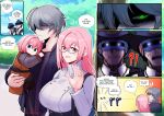  2girls 3boys absurdres aepuru_arts baby bag bush carrying carrying_baby carrying_person earrings father_and_daughter fleeing glaring glasses goggles green_eyes handbag hat highres husband_and_wife if_they_mated jewelry long_hair mother_and_daughter multiple_boys multiple_girls pink_hair police police_hat police_uniform red_eyes ring scared short_hair sleepy speech_bubble tree tsukishiro_yanagi wise_(zenless_zone_zero) zenless_zone_zero 
