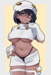  1girl absurdres adapted_costume aether_foundation_employee alternate_breast_size black_hair black_panties border breasts bright_pupils chestnut_mouth crop_top curvy dark-skinned_female dark_skin delatoid fingerless_gloves gloves grey_eyes hat highres large_breasts looking_at_viewer navel open_clothes open_fly open_shorts panties pokemon pokemon_sm short_hair short_shorts shorts solo thong unbuttoned underboob underwear white_gloves white_hat white_pupils white_shorts 