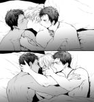  3boys bed earrings kiss male male_focus multiple_boys neck_kiss piercing yaoi 