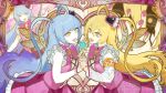  2girls armband blonde_hair blue_hair blunt_bangs bow bowtie brooch circle_skirt commentary corruption covering_face cowboy_shot cross-laced_clothes cross-laced_top don_quixote_(project_moon) e.g.o_(project_moon) eyelashes frilled_skirt frilled_sleeves frills hair_between_eyes hair_ornament hair_ribbon happy heart heart_hair_ornament highres holding_hands in_the_name_of_love_and_hate_(e.g.o) interlocked_fingers jewelry layered_shirt limbus_company lobotomy_corporation_(identity)_(project_moon) long_hair long_sleeves magical_girl miniskirt multiple_girls multiple_views nail_polish nishikujic open_mouth orange_armband orange_eyes outside_border pale_skin picture_frame pink_bow pink_bowtie pink_nails pink_shirt pink_skirt project_moon queen_of_hatred ribbon shirt skirt smile striped_clothes striped_skirt symbol-only_commentary two_side_up vertical-striped_clothes vertical-striped_skirt very_long_hair watermark white_ribbon white_shirt yellow_eyes 