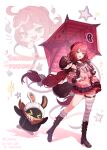  1girl :d absurdres animal_on_shoulder bangboo_(zenless_zone_zero) black_boots black_skirt boots bow cardigan character_name d_yoong eous_(zenless_zone_zero) fang full_body green_eyes highres hitodama kama_(zenless_zone_zero) knee_boots long_hair long_sleeves loose_thighhigh open_mouth pink_cardigan pleated_skirt raccoon red_hair red_umbrella skirt smile sphere_hair_ornament star_(symbol) striped_clothes striped_thighhighs thigh_strap thighhighs twitter_username ukinami_yuzuha umbrella v white_bow zenless_zone_zero 