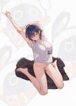  1girl absurdres arm_up barefoot belle_(zenless_zone_zero) blue_hair bottomless bow censored electric_fan eous_(zenless_zone_zero) female_pubic_hair full_body highres kryp132 large_bow pubic_hair shirt short_hair sitting stretching wariza white_shirt zenless_zone_zero 