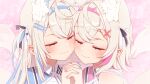  2girls animal_ears aobara_hairi blonde_hair blue_hairband blue_nails commentary_request dog_ears dog_girl dog_tail extra_ears fang fang_out fuwawa_abyssgard hair_ornament hair_ribbon hairband highres holding_hands hololive horn_hairband interlocked_fingers mococo_abyssgard multicolored_hair multiple_girls pink_background pink_hairband pink_nails ribbon siblings sidelocks simple_background sisters skin_fang smile streaked_hair tail virtual_youtuber x_hair_ornament 