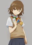  1girl ;) absurdres brown_eyes brown_hair brown_sweater_vest card collared_shirt commentary commission gold_medal grey_background grey_skirt hair_ornament hairpin highres holding holding_card medal miniskirt misaka_mikoto one_eye_closed parted_lips pentagram pleated_skirt school_uniform shirt short_hair short_sleeves skirt smile solo summer_uniform sweater_vest tatararashi toaru_kagaku_no_railgun toaru_majutsu_no_index tokiwadai_school_uniform white_shirt 