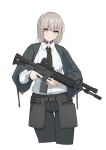  1girl absurdres ammunition_pouch assault_rifle belt_buckle belt_pouch breasts brown_hair brown_necktie buckle buttons closed_mouth collared_shirt cropped_legs english_commentary eotech fingernails flashlight green_jacket grey_pants gun highres holding holding_gun holding_weapon jacket long_hair long_sleeves m4_carbine magazine_(weapon) muzzle_device necktie okapi_(yomaigoto) open_clothes open_jacket optical_sight original pants pouch rifle shirt simple_background small_breasts smile snap-fit_buckle solo throat_microphone trigger_discipline weapon white_background white_shirt yellow_eyes 