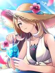  1girl absurdres bare_shoulders beach bikini bird blonde_hair blue_sky blush breasts brown_hat collarbone crop_top cynthia_(pokemon) cynthia_(summer_2025)_(pokemon) drink drinking_straw flower flower_hat glass grey_eyes hair_over_one_eye hat hat_flower highres long_hair looking_at_viewer ocean official_alternate_costume parted_lips pokemon pokemon_masters_ex shirt sky smile solo straw_hat sun_hat swimsuit table teeth tied_shirt upper_body very_long_hair water wingull yodakeke 