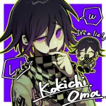  1boy black_hair border character_name checkered_clothes checkered_scarf chibi commentary danganronpa_(series) danganronpa_v3:_killing_harmony english_text flipped_hair green_outline hair_between_eyes half-closed_eye heart heart_in_mouth highres limited_palette long_sleeves looking_at_viewer male_focus nginki_429 oma_kokichi open_mouth outline pale_skin portrait purple_background purple_eyes purple_hair ringed_eyes scarf smile solo speech_bubble spoken_expression two-tone_scarf white_border 