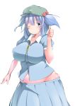  ;) blue_eyes blue_hair blush breasts cabbie_hat collared_shirt commentary_request covered_nipples groin hair_bobbles hair_ornament hat highres hips kawashiro_nitori key large_breasts one_eye_closed plump shirt shishi_juuroku short_hair skindentation skirt smile solo thumbs_up touhou two_side_up 