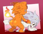  anal anal_penetration anthro balls blush butt cat claws coronamon digimon duo feline flaming_tail fur lion male male/male mammal nude ofuro open_mouth orange_fur penetration simple_background spadamon white_fur yellow_eyes 