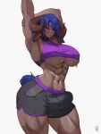  1girl abs animal_ears armpits black_collar black_sclera black_shorts blue_hair blush breasts bulge cleavage collar colored_sclera dark-skinned_female dark_skin eyebrows_hidden_by_hair from_side futanari highres horns large_breasts lips looking_at_viewer navel okasbasement open_mouth orange_eyes original sheep_horns short_hair shorts signature simple_background smile solo spiked_collar spikes stomach stretching sweat tail toned toned_female underboob white_background 