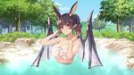  1girl animal_ears bat_ears bat_girl bat_hair_ornament bat_wings blue_sky blush breasts chest_sarashi cleavage closed_mouth cloud collarbone day game_screenshot hair_ornament hands_up highres large_breasts looking_at_viewer moonlight_(tate_no_yuusha_no_nariagari) multicolored_hair official_art onsen outdoors partially_submerged purple_hair red_eyes red_streaks sarashi short_hair single_hair_streak sky smile solo steam streaked_hair tate_no_yuusha_no_nariagari tate_no_yuusha_no_nariagari_rerise third-party_source tree underboob wings 