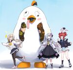  1boy 3girls ahoge armor azusa_(blue_archive) blue_archive blue_eyes brown_hair crossover doom_(series) doomguy feathered_wings flower hair_between_eyes hair_flower hair_ornament halo helmet hifumi_(blue_archive) highres jacket long_hair low_twintails maki_(blue_archive) mascot mascot_costume multiple_girls peroro_(blue_archive) praetor_suit red_hair red_halo shirt stuffed_animal stuffed_bird stuffed_toy substance20 twintails white_hair white_wings wings 