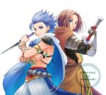  2boys armlet armor back-to-back blue_cape blue_eyes blue_hair bracelet breastplate brown_hair camus_(dq11) cape commentary_request cowboy_shot dragon_quest dragon_quest_xi dual_wielding floating_clothes floating_hair gold_armlet hero_(dq11) holding holding_knife holding_sword holding_weapon jewelry knife koshi_(meermisa) looking_at_viewer looking_to_the_side male_focus midriff multiple_boys official_alternate_costume orange_tabard pants parted_hair short_hair smile spiked_hair sword tabard toned toned_male two-sided_cape two-sided_fabric weapon white_background white_cape white_pants 