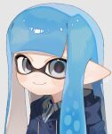  1girl blue_eyes blue_hair blue_hoodie closed_mouth collared_shirt commentary_request dot_nose highres hood hoodie inkling inkling_girl inkling_player_character long_hair looking_at_viewer pointy_ears sabata_saba shirt simple_background smile solo splatoon_(series) splatoon_3 tentacle_hair upper_body white_background 