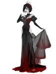  1girl absurdres alternate_costume bare_shoulders black_clover black_dress black_nails black_tiara breasts dress eyepatch fingernails flower flower_hairband formal_clothes frit_2 full_body hair_flower hair_ornament hand_on_own_chest hand_up highres hip_vent juliet_sleeves long_dress long_sleeves looking_at_viewer mermaid_dress nail_polish off-shoulder_dress off_shoulder open_mouth pale_skin profile puffy_sleeves red_dress red_eyes red_flower red_rose rose see-through_cleavage see-through_clothes sideways_glance skirt_hold smile solo standing tiara two-tone_dress vanica_zogratis 