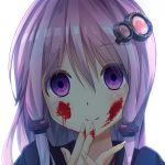  alternate_hair_length alternate_hairstyle bangs blood blood_on_face blood_on_fingers blush chinomaron closed_mouth eyebrows_visible_through_hair face fingernails hair_between_eyes hair_ornament hands_up head_tilt highres long_hair looking_at_viewer portrait purple_eyes purple_hair simple_background smile solo vocaloid voiceroid yuzuki_yukari 