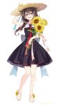  1girl :d adjusting_clothes adjusting_headwear ahoge back_bow black_dress blue_eyes blush bow braid brown_hair dress flower full_body hair_between_eyes hair_flaps hair_ornament hat highres holding holding_flower kantai_collection looking_at_viewer naoto_(tulip) ribbon shigure_(kancolle) simple_background slippers smile straw_hat sun_hat sundress sunflower tareme twitter_username watermark white_background white_slippers 