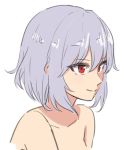  bangs collarbone colored_eyelashes commentary_request eyebrows_visible_through_hair hair_between_eyes leon_(mikiri_hassha) no_hat no_headwear nude portrait red_eyes remilia_scarlet shiny shiny_hair short_hair silver_hair simple_background smile touhou white_background 