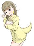  1girl braid brown_hair center-flap_bangs character_doll claw_pose commentary_request cowboy_shot dinosaur_tail doll fake_tail highres holding holding_doll hood hood_down hoodie kachimachi_kosuzu leaning_forward link!_like!_love_live! love_live! nesoberi official_alternate_costume pink_eyes short_shorts shorts side_braids simple_background sleepwear solo tail tazaki_masanobu virtual_youtuber white_background yellow_hoodie 