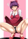  black_panties blush bow breasts cameltoe commentary_request dress dress_lift full_body gegege_no_kitarou hair_bow high_heels long_sleeves looking_at_viewer medium_breasts nekomusume nekomusume_(gegege_no_kitarou_6) open_mouth panties pointy_ears purple_hair red_bow red_dress red_footwear shiny shiny_hair shiny_skin shirt short_hair solo spread_legs squatting underwear white_shirt yellow_eyes yutakamehi 