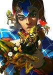  1boy 6+others aiming argyle_clothes argyle_hat argyle_sweater black_eyes black_hair blue_sweater blurry closed_mouth colored_skin commentary depth_of_field guido_mista gun handgun hat highres holding holding_gun holding_weapon jojo_no_kimyou_na_bouken lips looking_at_viewer male_focus multiple_others red_hat revolver sex_pistols_(stand) solo stand_(jojo) sweater symbol-only_commentary turtleneck turtleneck_sweater upper_body uu0000322 vento_aureo weapon white_background yellow_skin 