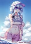  1girl absurdres alternate_costume bare_shoulders blue_hair blue_sky bracelet closed_mouth colored_eyelashes commentary day earrings flareza highres holding_own_arm jewelry long_hair looking_at_viewer navel necklace outdoors purple-tinted_eyewear purple_eyes purple_shorts purple_visor shirt shorekeeper_(wuthering_waves) shorts sky solo stomach sunglasses tied_shirt tinted_eyewear visor_cap white_shirt wuthering_waves 