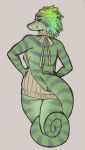  chameleon clothing feathers green_scales lizard loodfoks looking_at_viewer looking_back purple_scales reptile scales scalie smile smirk solo stripes sweater virgin_killer_sweater zaria_corazon 