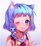  1girl :3 animal animal_ears animal_on_shoulder blue_eyes blue_hair blush bouquet_(doubutsu_no_mori) bust cat cat_ears chariko double_v doubutsu_no_mori dual_persona exposed_shoulders hair_clip light_background looking_at_viewer shirt short_hair simple_background sleeveless smile white_background wink 
