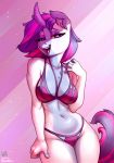  2018 anthro atryl big_breasts bikini breasts clothed clothing collaboration digital_media_(artwork) equine fan_character female hair hi_res horn looking_at_viewer mammal multicolored_hair multicolored_tail my_little_pony navel open_mouth siden solo swimsuit two_tone_hair unicorn 