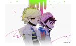  2boys animal aori_(splatoon) body_piercing coat cousins drinks earrings family genderswap genderswap_(ftm) heart holding_drink hotaru_(splatoon) jellyfish jellyfish_(splatoon) jewelry long_sleeves looking_at_viewer male mask medical_mask mole multiple_boys objectification open_clothes open_coat pointy_ears short_hair smile splatoon splatoon_yoru white_outerwear 