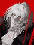 1boy arknights ascot bad_source black_jacket blood duq&#039;arael_(arknights) earclip earrings evil_smile highres jacket jewelry male_focus pale_skin pointy_ears red_background red_eyes ryukaku3_01c sharp_teeth smile solid_circle_pupils teeth vampire white_ascot white_hair 