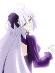  1girl absurdres ahoge backless_dress backless_outfit benjamin_(user_cajx4852) black_flower black_rose closed_mouth commentary_request dress fate/grand_order fate_(series) fingernails flower from_behind hair_flower hair_ornament half-closed_eyes head_tilt highres jeanne_d&#039;arc_alter_(fate) jeanne_d&#039;arc_alter_(over_the_same_sky)_(fate) long_hair long_sleeves looking_at_viewer official_alternate_costume pale_skin purple_dress purple_nails rose simple_background smile solo very_long_hair white_background white_hair yellow_eyes 