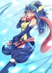  1girl blue_hair greninja moemon personification pink_eyes pokemon ponytail scarf solo 