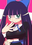  1girl arm_under_breasts back_bow black_dress blue_bow blue_ribbon bow breasts collared_dress colored_inner_hair dress gothic_lolita green_eyes hair_bow harezora_lueur highres large_breasts lolita_fashion long_hair looking_at_viewer multicolored_hair panty_&amp;_stocking_with_garterbelt pink_background pink_streaks purple_hair ribbon stocking_(psg) 