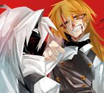  2girls 3rdeye_suki black_eyes black_skin black_vest blonde_hair blood blood_from_eyes blood_from_mouth blood_on_face buttons check_commentary clenched_teeth collared_shirt colored_skin colored_tips commentary_request cropped dual_persona hair_between_eyes half-closed_eye hand_on_another&#039;s_arm highres kirisame_marisa lifting_person long_hair looking_at_another multicolored_hair multiple_girls nosebleed one_eye_closed open_mouth pointy_hair red_background shirt simple_background strangling teeth touhou touhou_igyoukyo variant_marisa vest white_hair yellow_eyes 