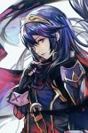  blue_eyes blue_hair cape fire_emblem fire_emblem:_kakusei hankuri jewelry long_hair looking_at_viewer lucina simple_background smile solo tiara 