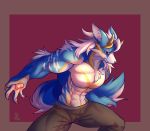  anthro canine claws clothed clothing d.angelo fur hair horn male mammal muscular muscular_male simple_background solo standing topless 