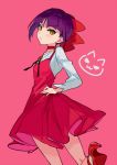  bangs blush bow choker dress from_behind gegege_no_kitarou gem hair_bow hand_on_hip high_heels highres long_sleeves looking_at_viewer looking_back nekomusume nekomusume_(gegege_no_kitarou_6) pointy_ears purple_hair red_bow red_choker red_dress red_footwear shirt shoes short_dress short_hair solo white_shirt yellow_eyes yuu_(higashi_no_penguin) 