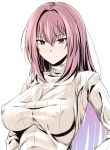  blush breasts closed_mouth covered_nipples eyebrows_visible_through_hair fate/grand_order fate_(series) hair_between_eyes large_breasts long_hair long_sleeves looking_at_viewer matsunaga_garana purple_hair red_eyes ribbed_sweater scathach_(fate)_(all) scathach_(fate/grand_order) simple_background smile solo sweater turtleneck turtleneck_sweater upper_body 