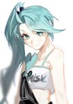  1girl aqua_eyes aqua_hair black_overalls black_ribbon blurry blurry_background camisole closed_mouth commentary depth_of_field hair_ribbon highres ink_(inkypyon) long_hair looking_at_viewer lucky_cyan_(to_be_hero_x) overalls ponytail ribbon smile solo symbol-only_commentary to_be_hero to_be_hero_x twitter_username upper_body white_background white_camisole 